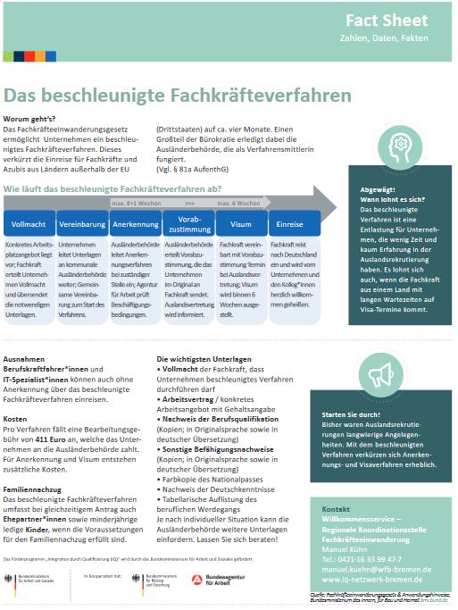 Factsheet zum beschleunigten Fachkräfteverfahrendes IQ Netzwerk Bremen