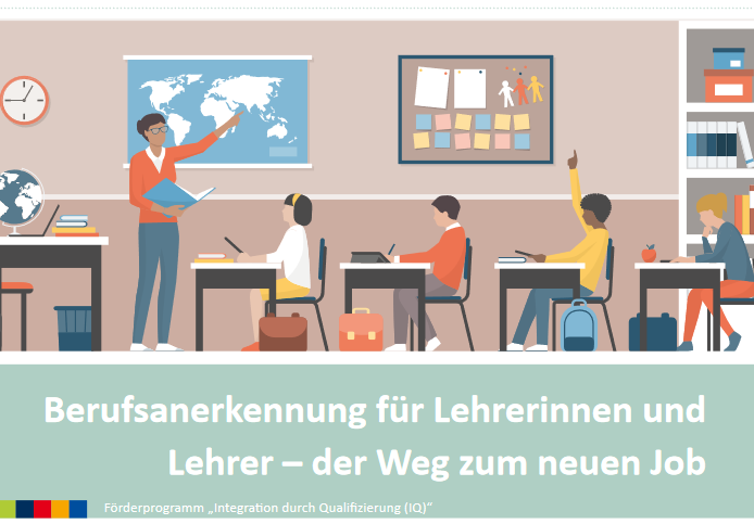 Das Cover der Broschüre "Berufsanerkennung für Lehrerinnen und Lehrer - der Weg zum neuen Job" zeit einen Klassenraum mit vier Schüler:innen und einer Lehrkraft.